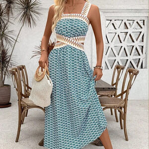 Blue Casual Women's Printed Patchwork Woven Belt Sleeveless Hollow Out Dress